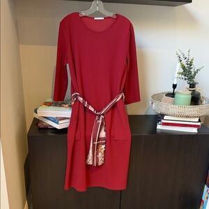 A Zara Elegant Deep Burgundy/Wine red  Dress with a Contrasting silk sash in siz